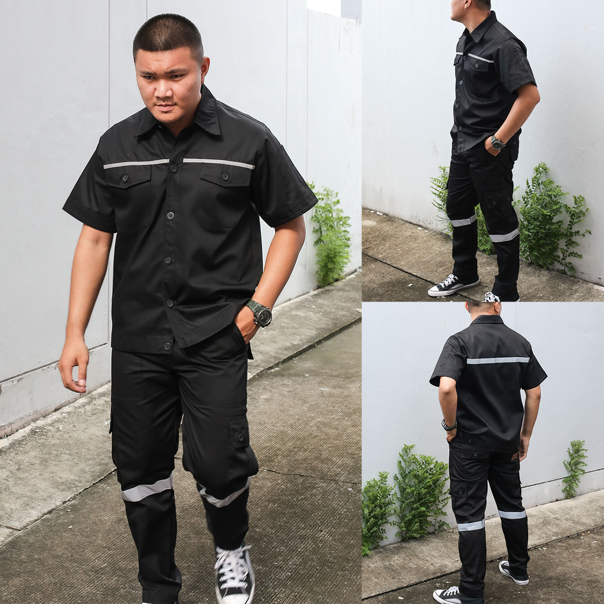 ชุดช่างสีดำ เสื้อช็อปแขนสั้น ติดแถบสะท้อนแสง คู่กับกางเกงช่าง 6 กระเป๋า ติดแถบสะท้อนแสง 1 แถบ