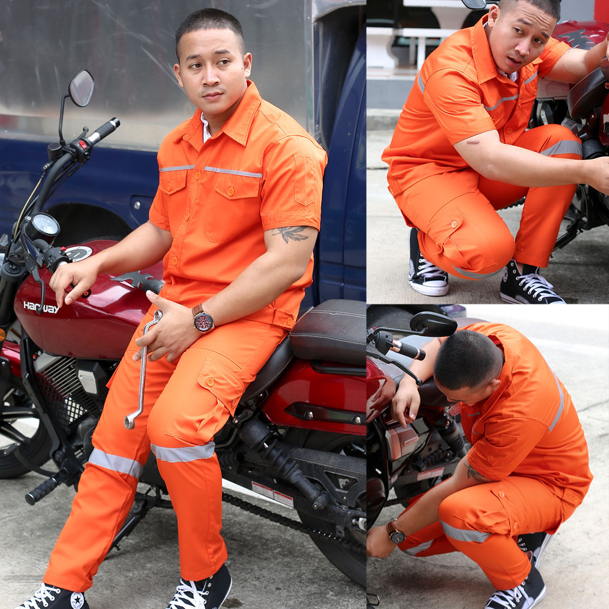 ชุดช่างสีส้ม เสื้อช็อปแขนสั้น ติดแถบสะท้อนแสง คู่กับกางเกงช่าง 6 กระเป๋า ติดแถบสะท้อนแสง 1 แถบ