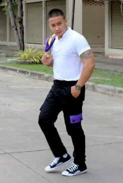 กางเกงคาร์โก้แต่งกระเป๋าสี สีดำม่วง