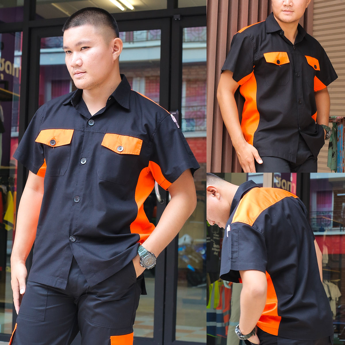 เสื้อช็อปช่างทูโทน สีดำ-ส้ม