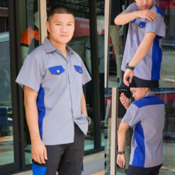 เสื้อช็อปช่างทูโทน สีเทา-น้ำเงิน