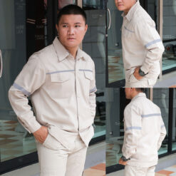 เสื้อช็อปแขนยาว ติดแถบสะท้อนแสง สีเบจ