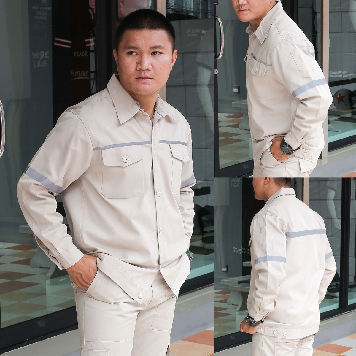 เสื้อช็อปแขนยาว ติดแถบสะท้อนแสง สีเบจ