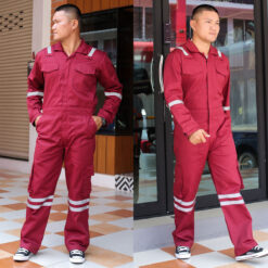 ชุดหมีช่าง ติดแถบสะท้อนแสง มีไซส์พิเศษ สีแดงเลือดหมู