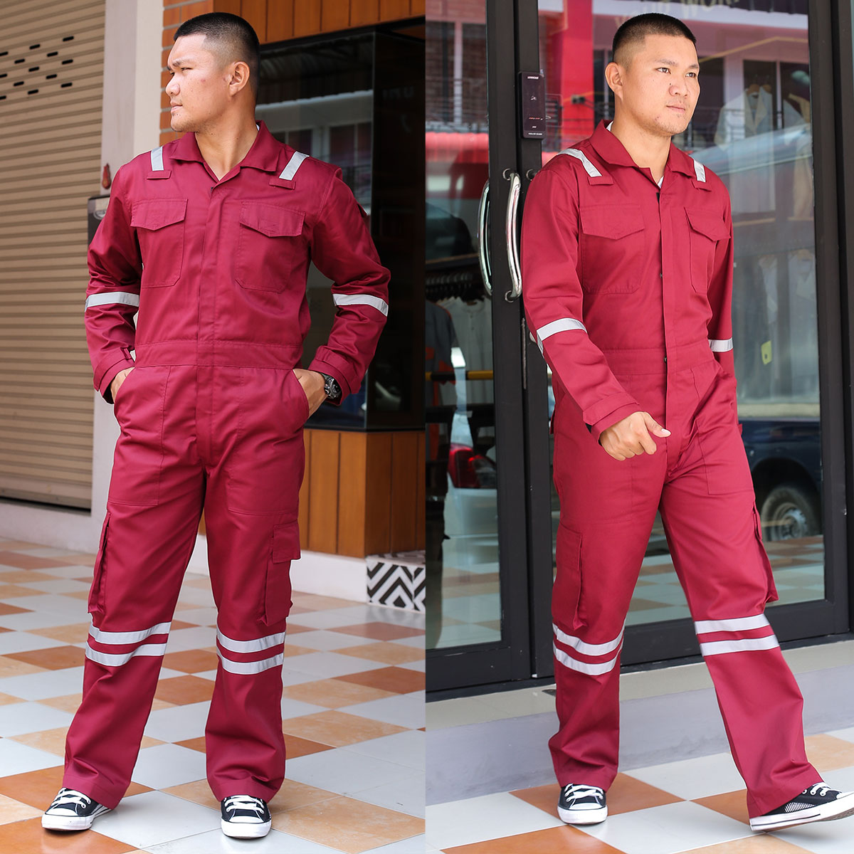 ชุดหมีช่าง ติดแถบสะท้อนแสง มีไซส์พิเศษ สีแดงเลือดหมู
