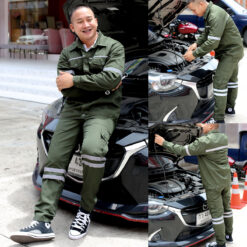 ชุดช่างสีเขียวขี้ม้า เสื้อช็อปแขนยาวติดแถบสะท้อนแสง คู่กับกางเกงช่าง 6 กระเป๋า ติดแถบสะท้อนแสง 2 แถบ