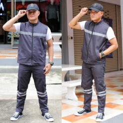 เซ็ตเสื้อกั๊ก กับกางเกงช่าง 6 กระเป๋า ติดแถบสะท้อนแสง สีเทาดำ