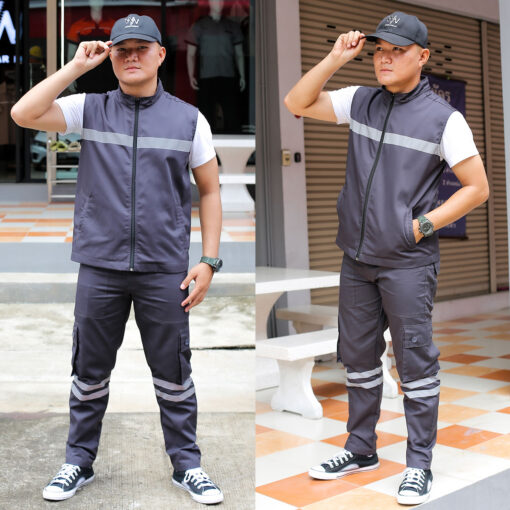 เซ็ตเสื้อกั๊ก กับกางเกงช่าง 6 กระเป๋า ติดแถบสะท้อนแสง สีเทาดำ