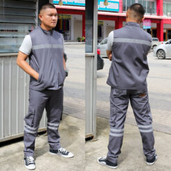 เซ็ตเสื้อกั๊ก กับกางเกงช่าง 6 กระเป๋า ติดแถบสะท้อนแสง สีเทาเคอรี่