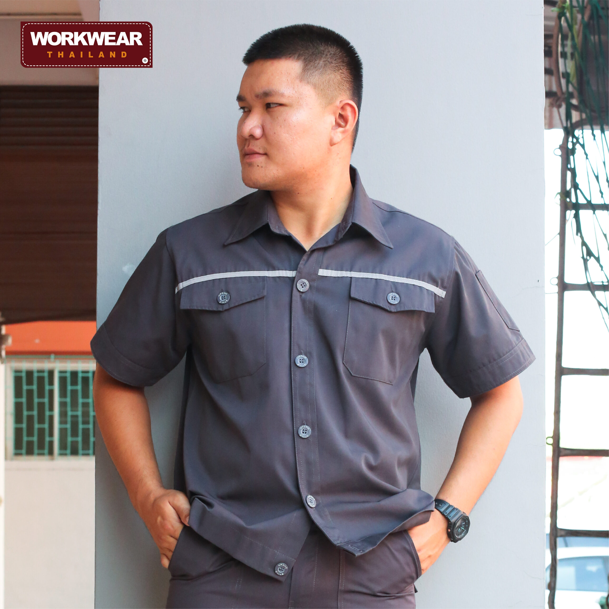 เสื้อช็อปช่างแขนสั้นแบบกระดุม สีเทาดำ